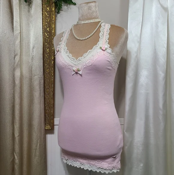 ♡ Y2K ♡ Hollister Baby Pink Lace Cami Satin Rose Bows Tank Top - Picture 3 of 10